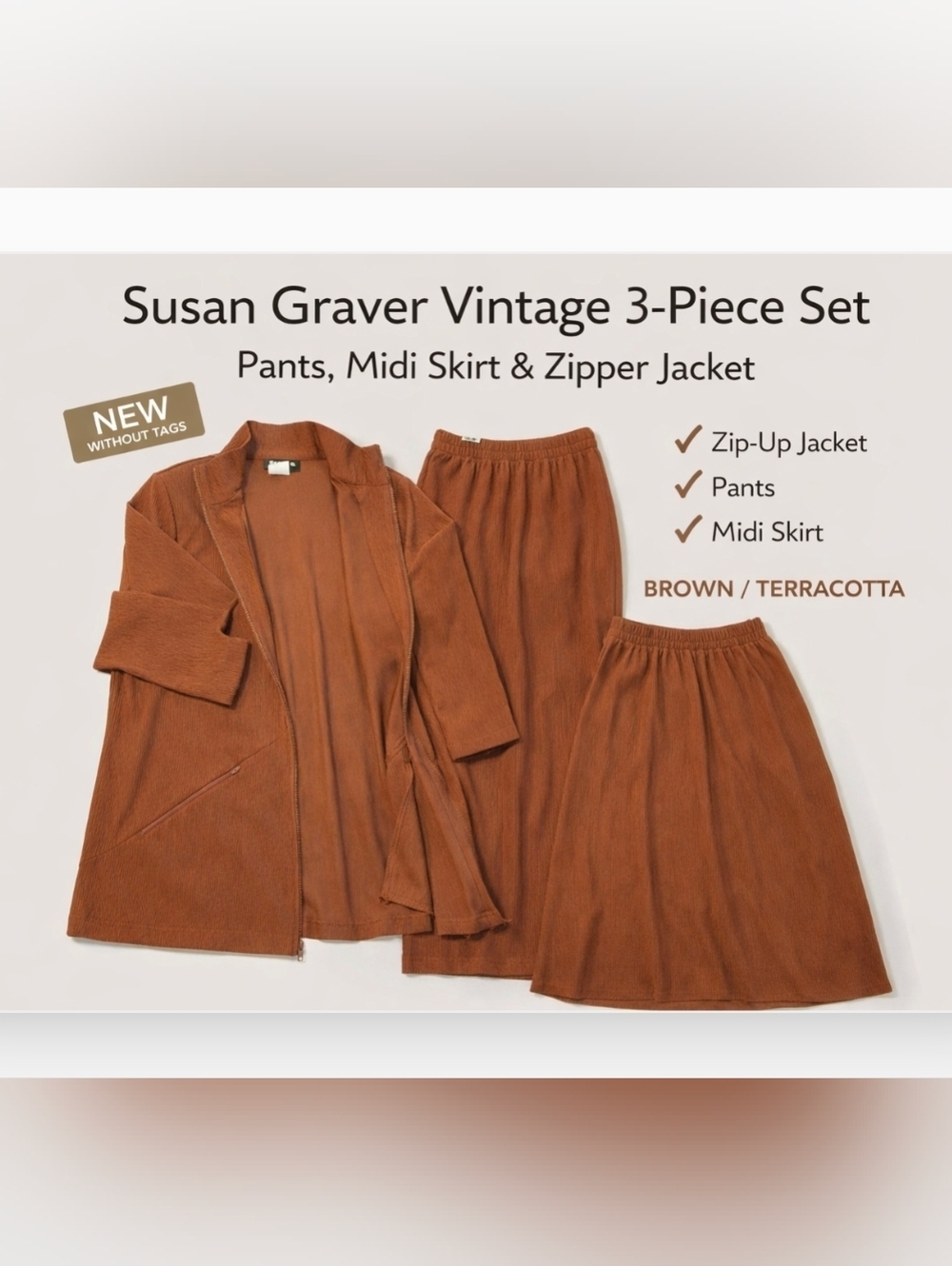 Susan Graver Vintage 3-Piece Set – Terracotta Brown | Jacket, Pants & Midi Skirt